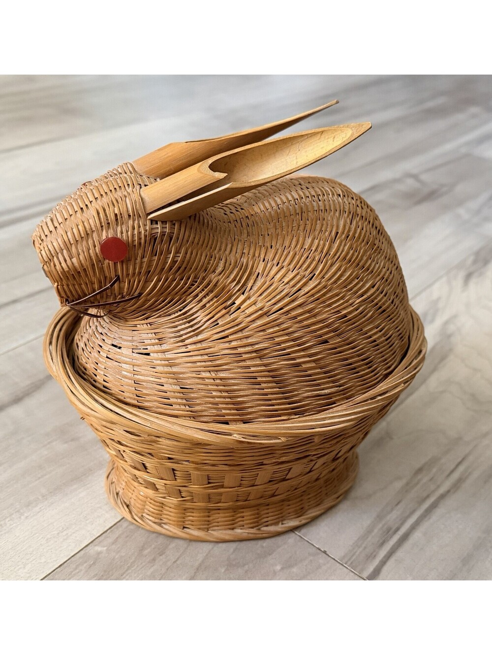 Vintage Woven Rabbit Basket with Red Button Eyes Farmhouse Decor Cottagecore